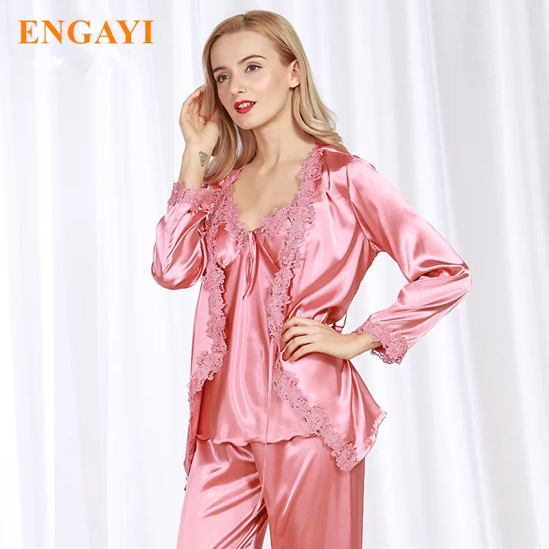 Большие размеры новые весенние женские шелковые пижамы пижамные комплекты из 3