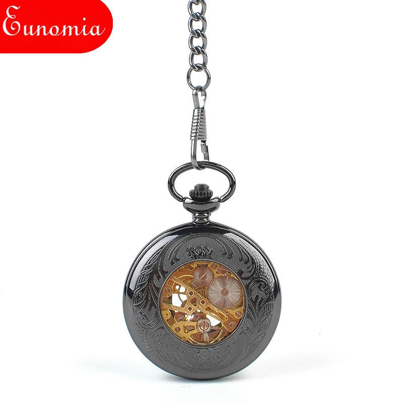 Черный виноград полые Скелет стимпанк Механическая Рука обмотки карманные часы