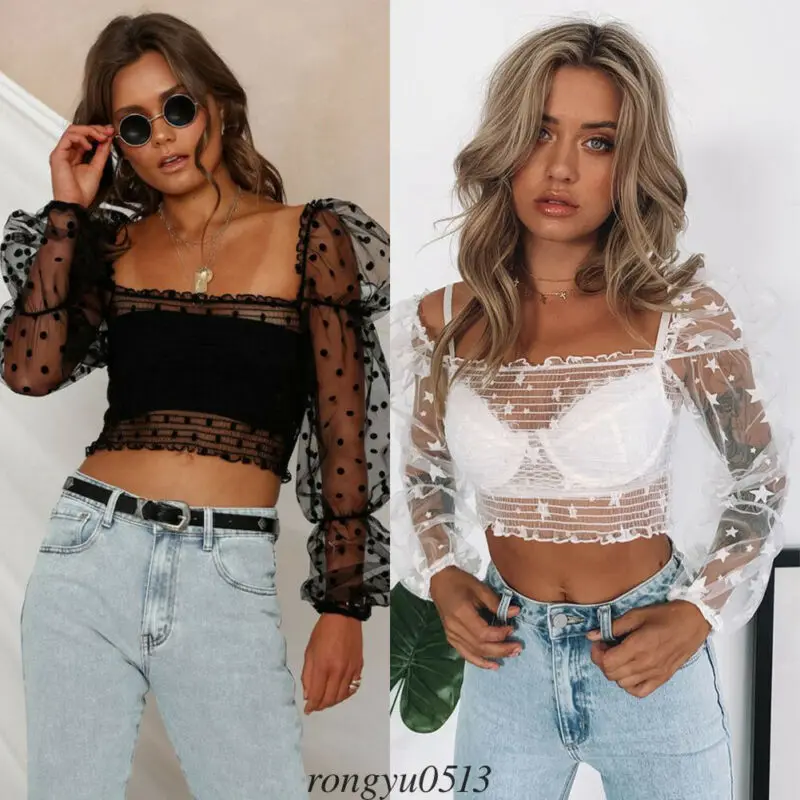 Сексуальный сетчатый прозрачный укороченный топ с открытыми плечами Женская
