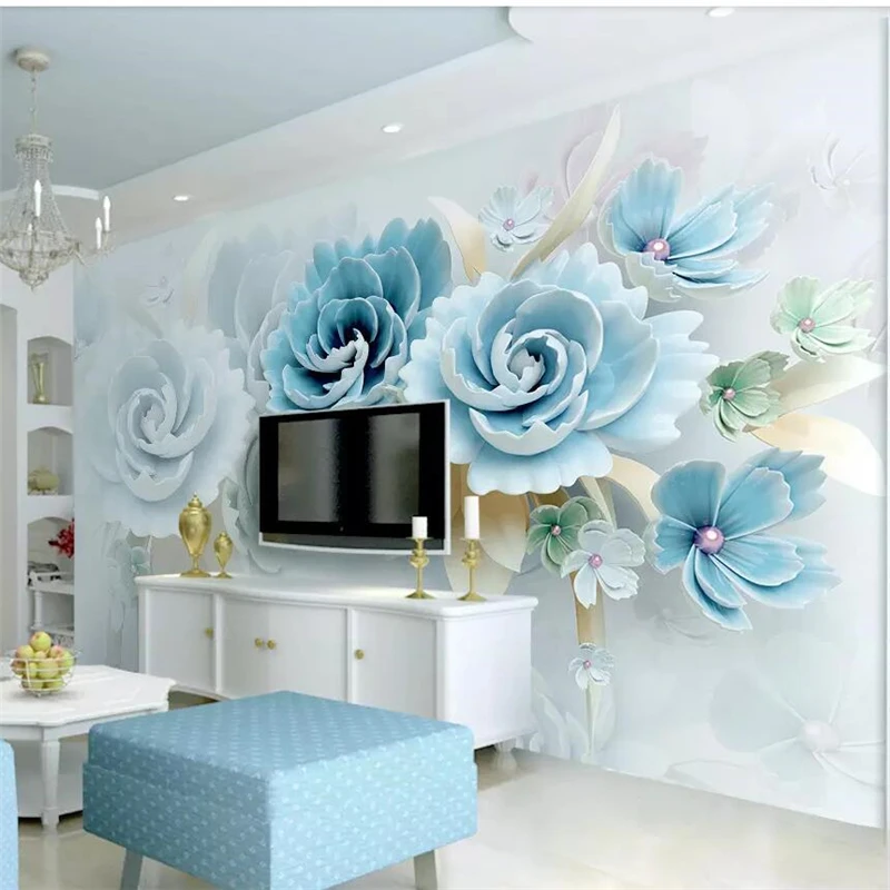 

wellyu New 3d embossed flowers blue fresh TV background wall custom large mural green wallpaper papel de parede 3d