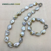 unusual irregular pearl necklace bracelet set white few golden color good gloss for women 8mm thickness flat oval shape natural