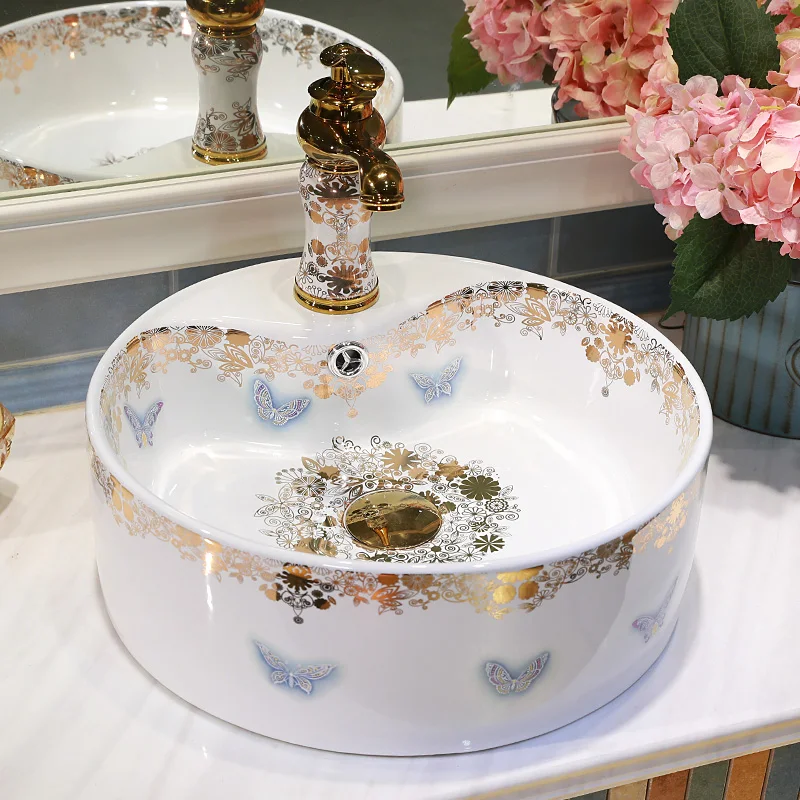 

Porcelain Cloakroom flower Wash Basin Lavabo Counter top Black Sink Vessel Bathroom Hand Paint Art Wash Bowl vintage vanity sink