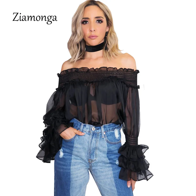 Ziamonga сексуальные блузки с открытыми плечами женские шифоновые топы пышными