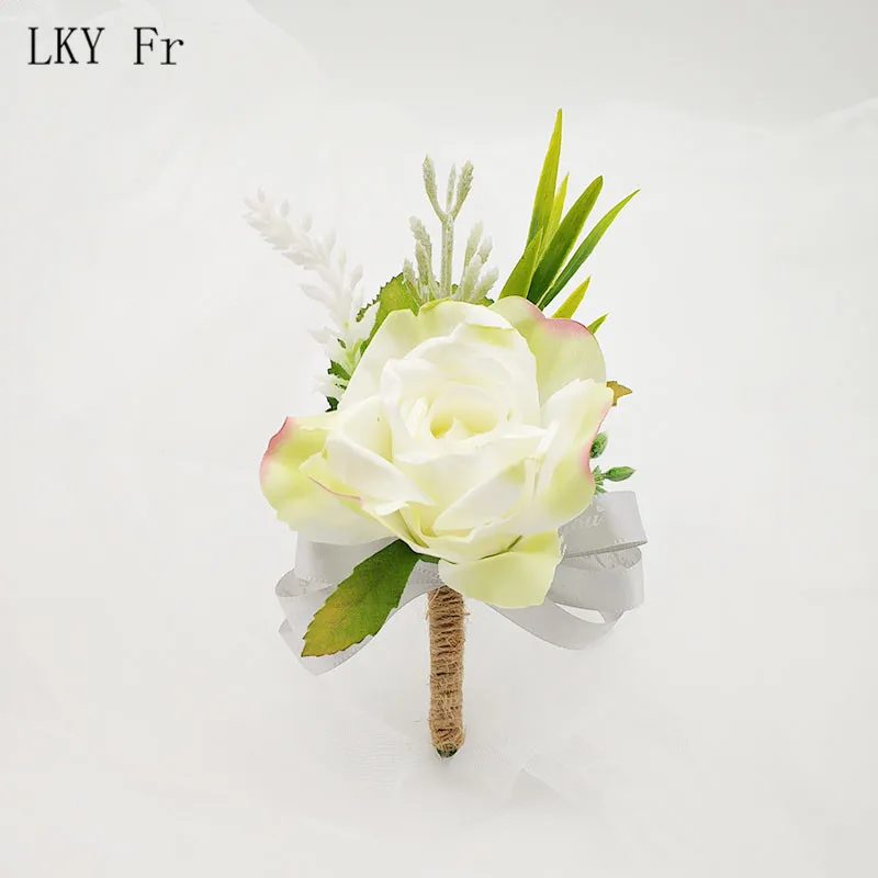 

LKY Fr Boutonniere Wedding Corsages and Boutonnieres Silk Wrist Corsage Bracelet Flowers White Groom Boutonniere Pin/Buttonhole