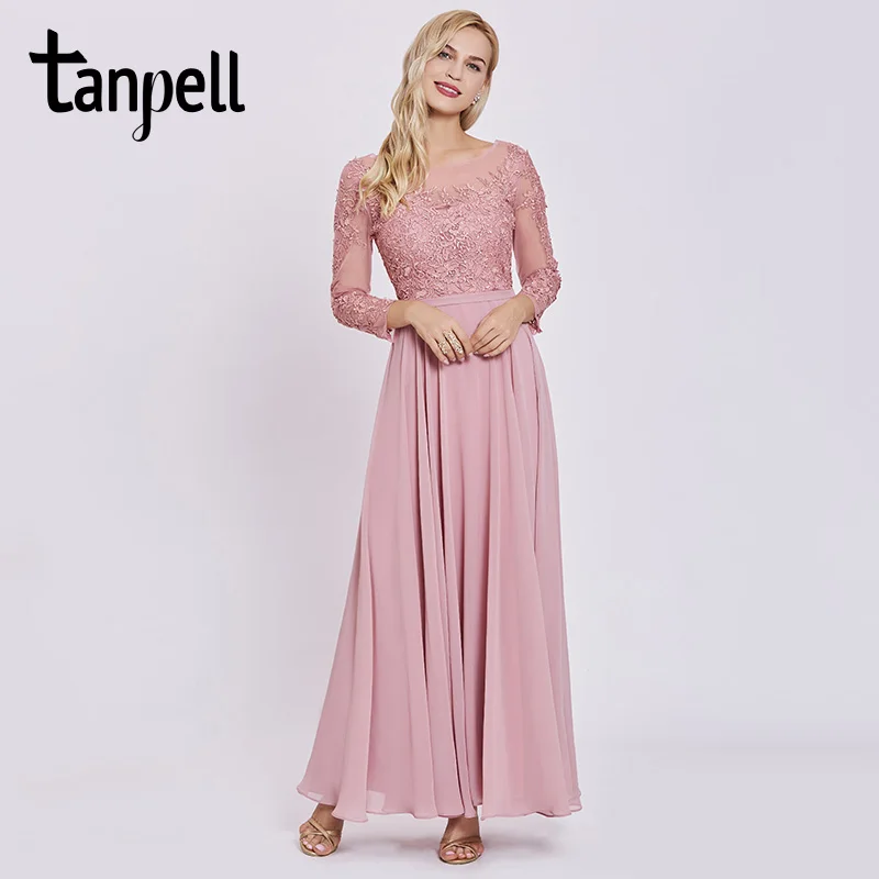 Tanpell длинное платье для выпускного вечера розовое Совок с длинными рукавами длиной до пола трапециевидные платья дешевые женские аппликации сзади на шнуровке вечернее платье для выпускного вечера