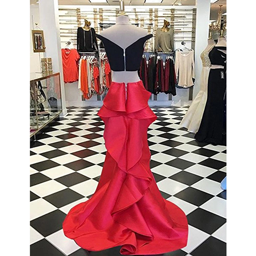 2017 New Two Pieces Gown Prom Dresses Long Pleat vestidos de fiesta Satin V-Neck Off Shoulder Evening Party Dress | Свадьбы и
