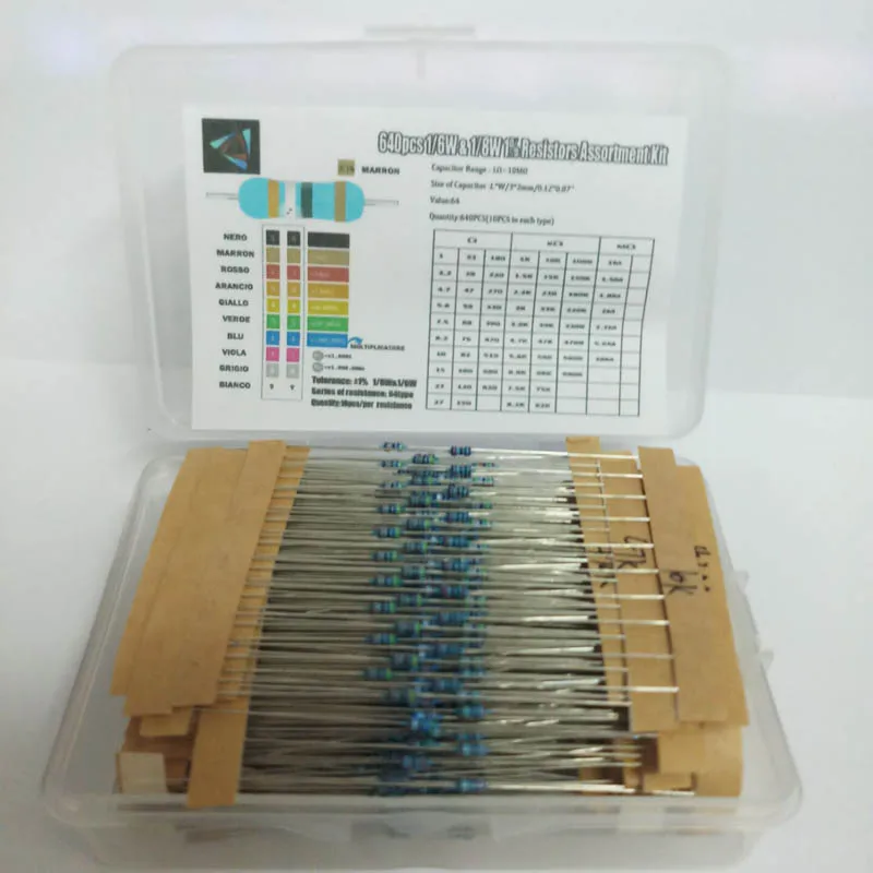 640 шт 64 значения 1R-10MR 1/6W& 1/8W Металлические пленочные резисторы Ассорти Комплект