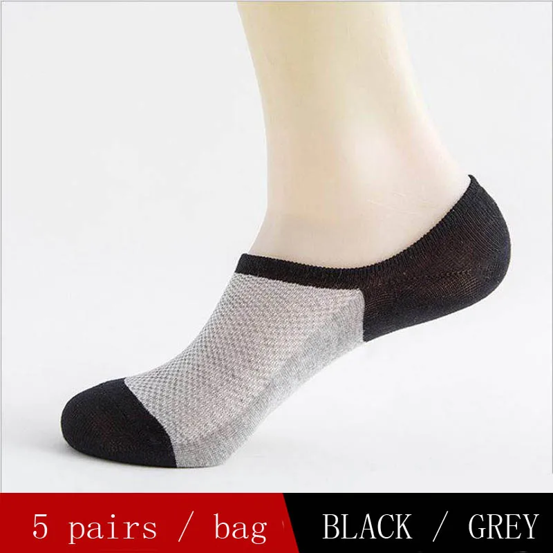 black-light-grey 5 пар/упак. сетчатые летние мужские хлопковые невидимые носки-башмачки силиконовые Нескользящие стильные цветные Дышащие носки с закрытым носком - Цвет: black-light-grey