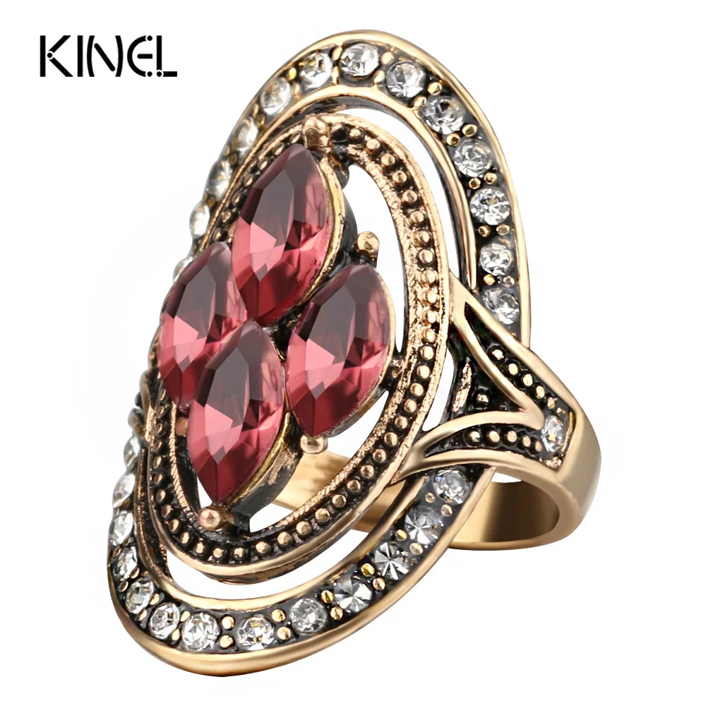 

Kinel Fashion Purple Crystal Rings Bijoux Femme Antique Gold Mosaic Crystal Wedding Ring Vintage Jewelry 2017 New