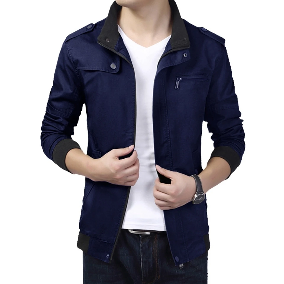 Куртка мужская демисезонная однотонная из 100% хлопка на молнии с карманами|fashion men