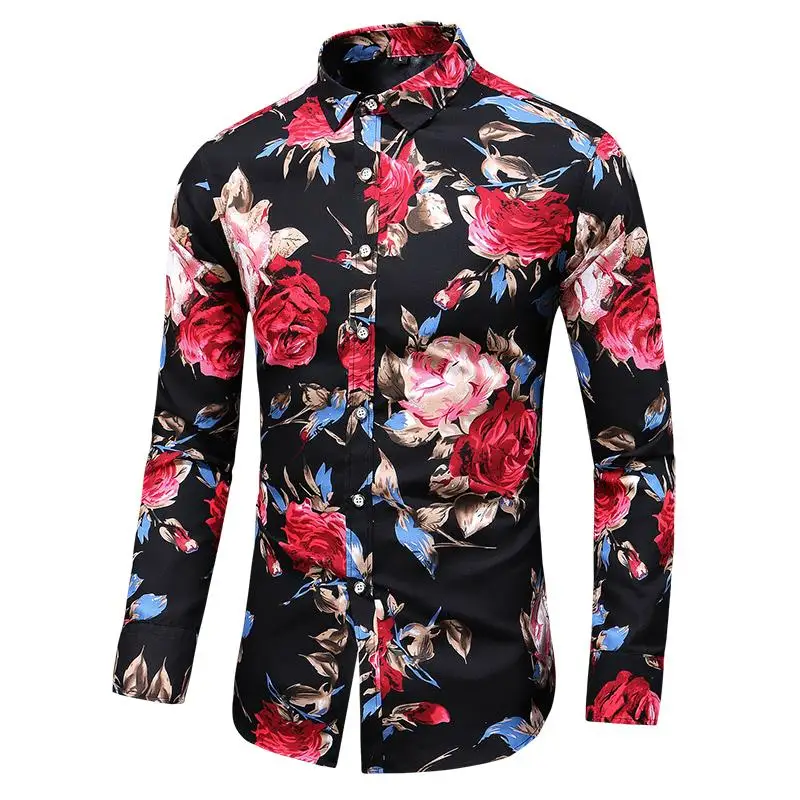 Rose Flower Mens Dress Shirts Long sleeve Shirt Clothing Hawaiian Style Floral Beach Summer Blue Black | Мужская одежда