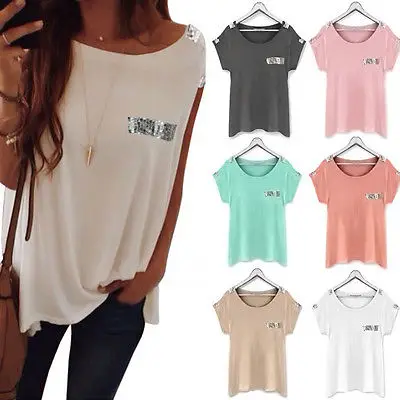 Летняя Женская Сексуальная Повседневная футболка с блестками топ коротким