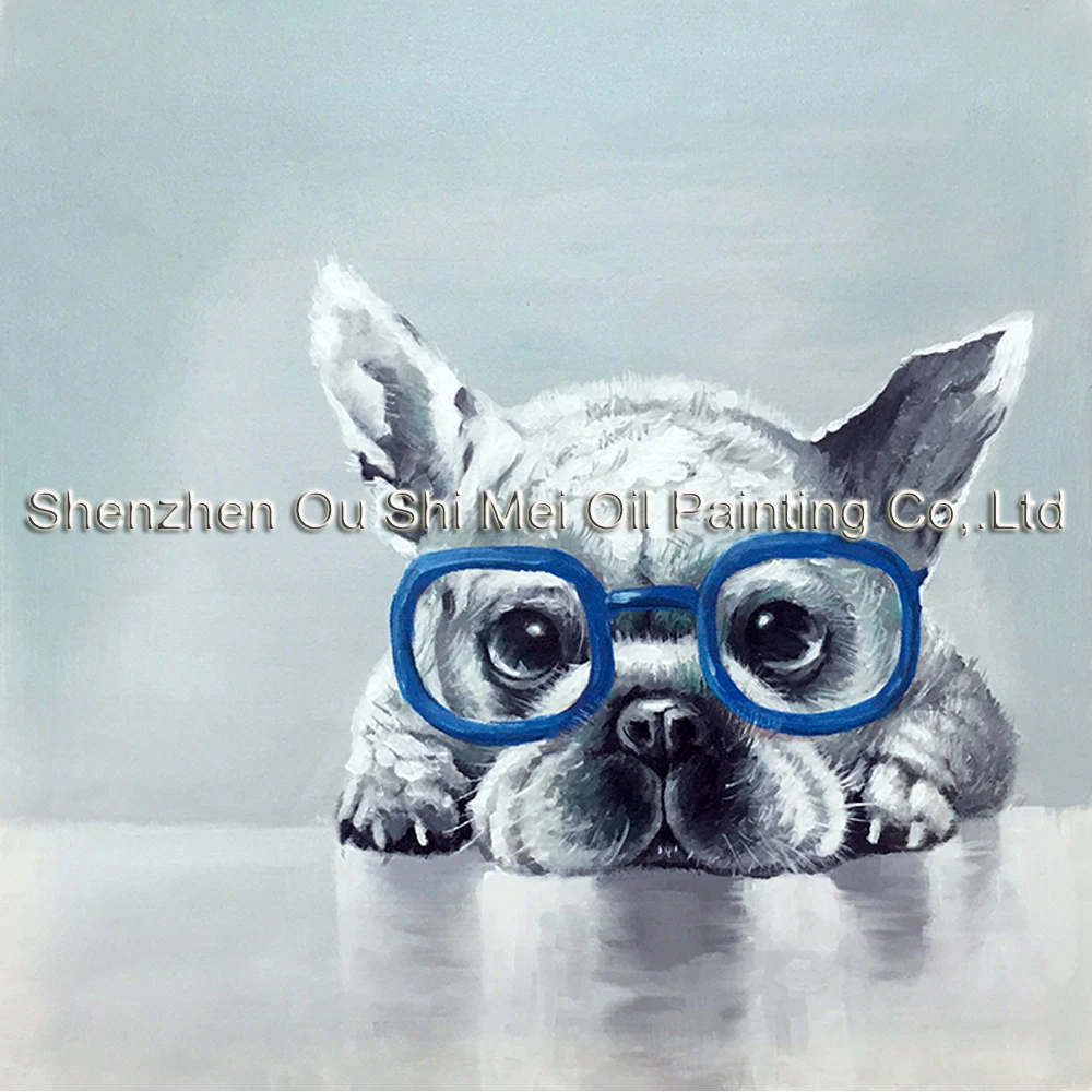 

Hand Painted Blue Glasses Dog Oil Picture Abstract Animal Oil Painting on Canvas for Lving Room Wall Decor Grey Bulldog Painting