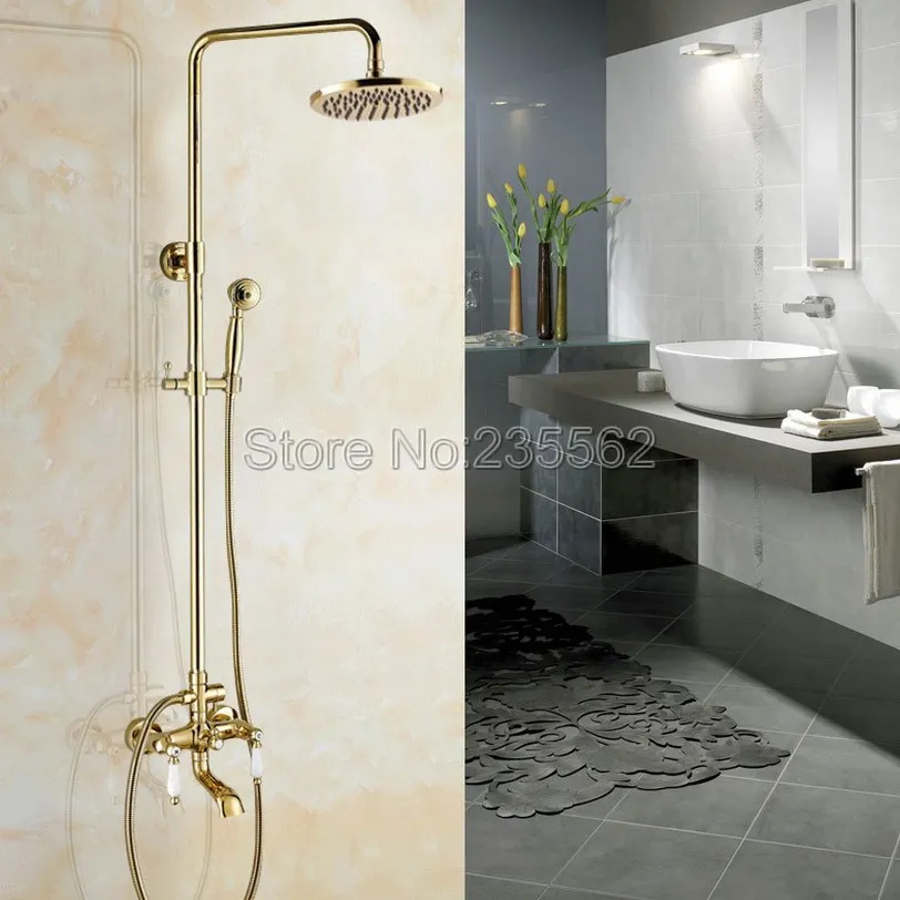 

Gold Polish Bathroom Rain Shower Faucet Bath Shower Mixer Tap 8" Rainfall Head Shower Set System Bathtub Faucet Wall Mounted