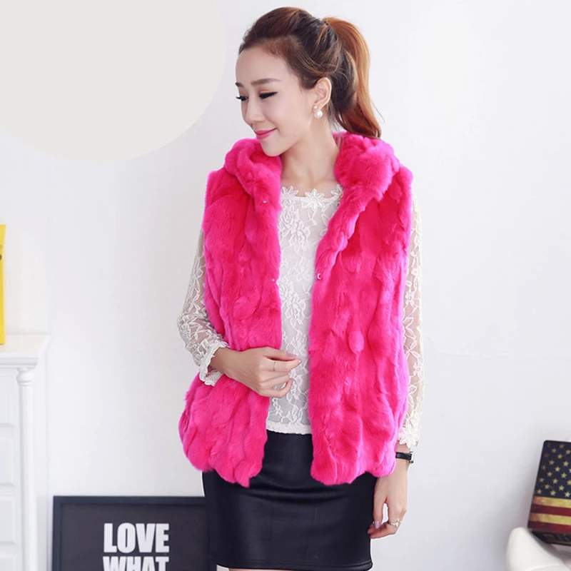 Женский жилет из натурального кроличьего меха без рукавов с капюшоном Осень-зима