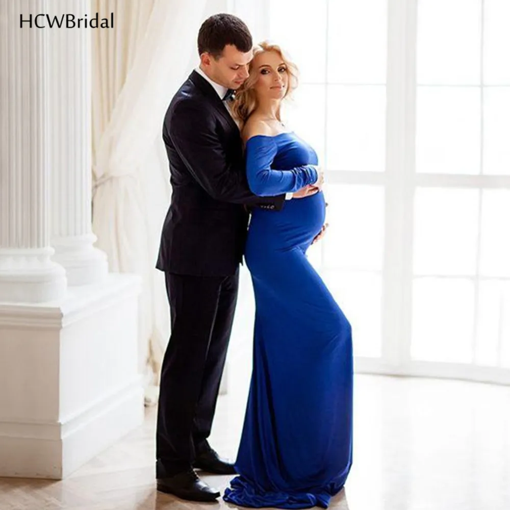 Royal Blue Elastic Spandex Pregnant Woman Evening Dress Long Sleeve Boat Neck Simple Mermaid Prom Gowns Cheap New Arrival | Свадьбы и