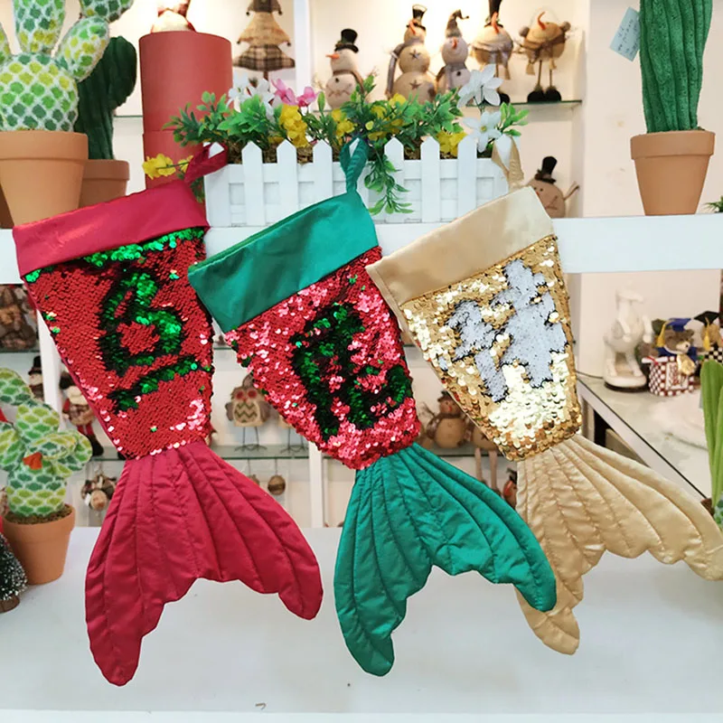Christmas Decorations Mermaid Reversible Sequins Socks Tree Home Pendants Kid New Year Gift Bag | Дом и сад