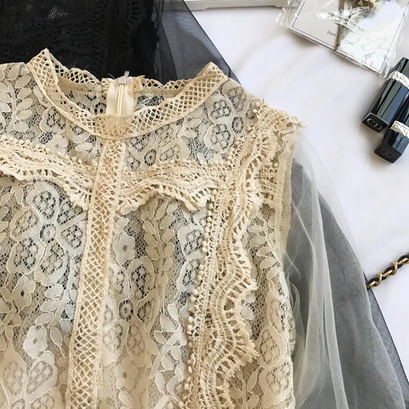 

Spring Autumn Vintage Lantern Sleeve Mesh Lace Patchwork Blouses Womens 2019 High Waist Short Tops Female