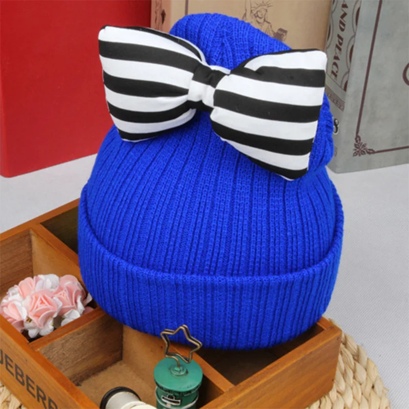 DreamShining Baby Hat Cute Striped Bow Kids Woolen Children Winter Warm Crochet Knitted Cap Girls Photography Headwear Caps | Детская