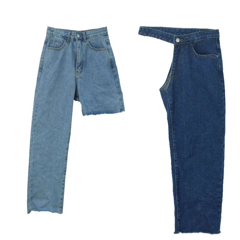 

New Spring 2020 Fashion High Waist Patchwork Hit Color Detachable Blue Jeans Straight Denim Pants Women