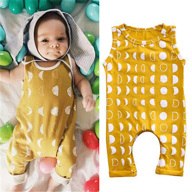 2017 Toddler Infant Baby Girl Boy Romper Sleeveless crescent moon Dots Yellow Jumpsuit Playsuit Outfits Clothes | Детская одежда и