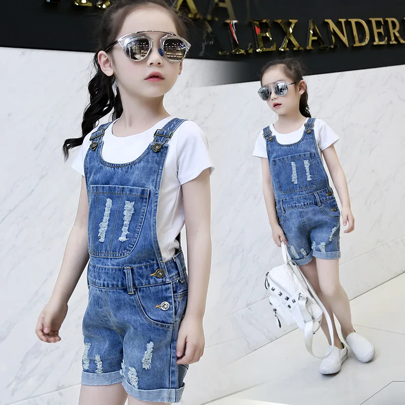 2018 отверстия для девочек-подростков Джинсовые комбинезоны девочек Сезон лето