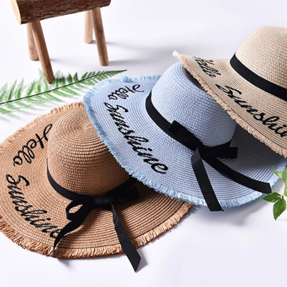 

Women's Casual Straw Hats Simple Summer Beach Fashion Black Ribbon Lace Up Weave Letter Sun Hats Outdoor Hiking Straw Travelling
