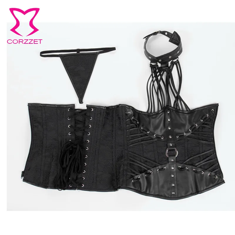 Черная кожа и парча Холтер стальная косточка корсет под грудь стимпанк Корсеты
