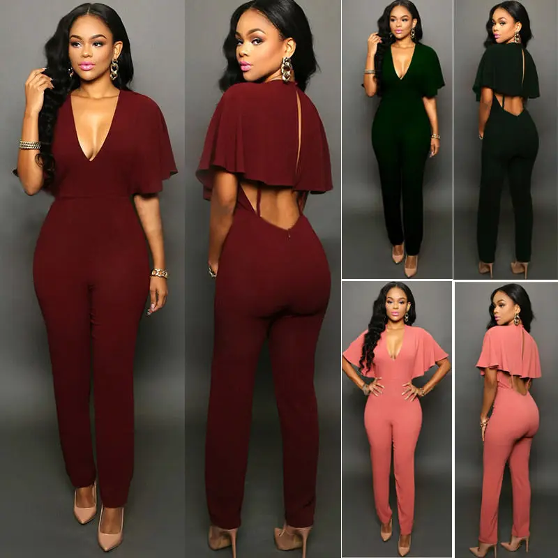 Женский комбинезон с V-образным вырезом однотонный | Женская одежда