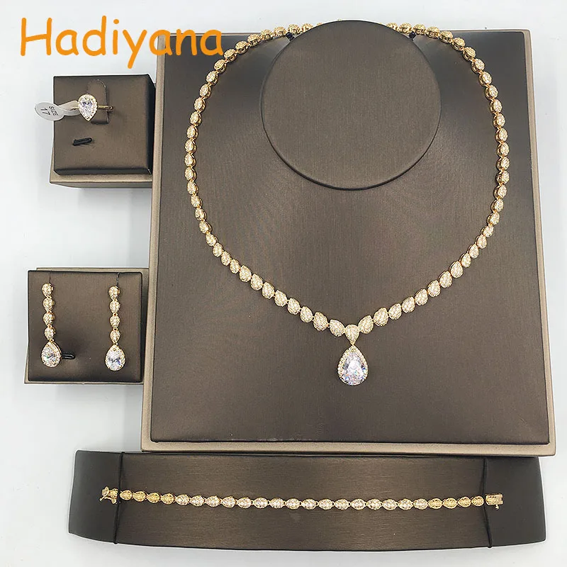 HADIYANA, элегантный классический кулон в виде капли, ювелирное изделие, 4 шт., набор для невесты, сияющий, AAA, циркония, Свадебные Ювелирные наборы для леди, CN123
