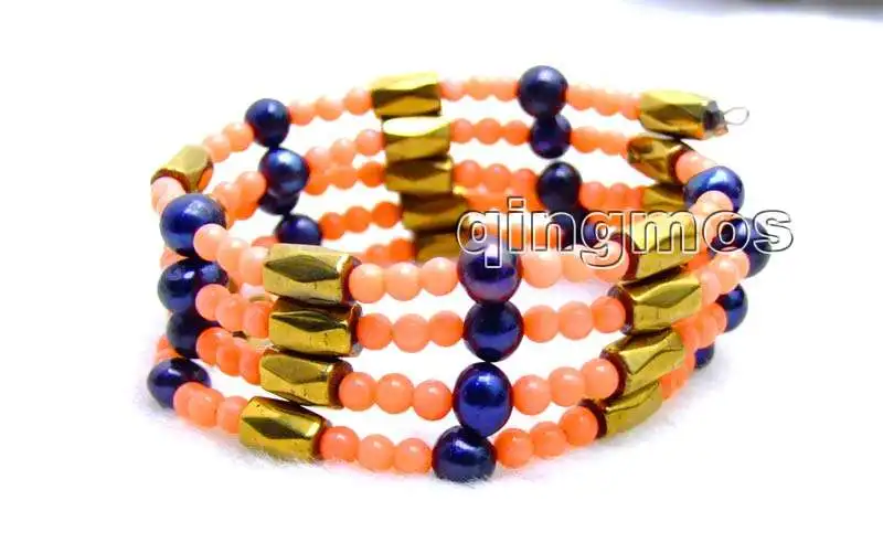 SALE 3-4mm Pink Coral and 6-7mm Black Pearl &amp Gold Hematite Magnetic 29'' Bracelet -nec6068 Wholesale/retail Free ship |