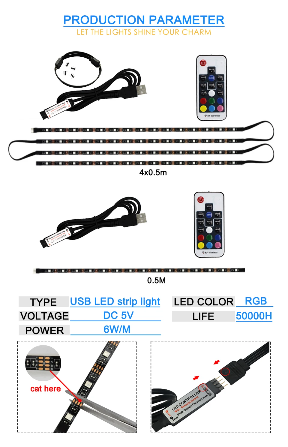 DC 5 В гибкий светодиодный RGB светильник лента 0,5 м 2 м USB волшебный светильник лента HDTV экран фоновая вспышка лампа RF контроллер SMD5050