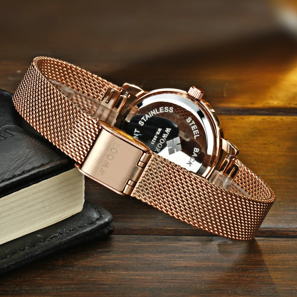 Часы WWOOR женские кварцевые роскошные Брендовые повседневные наручные с сетчатым