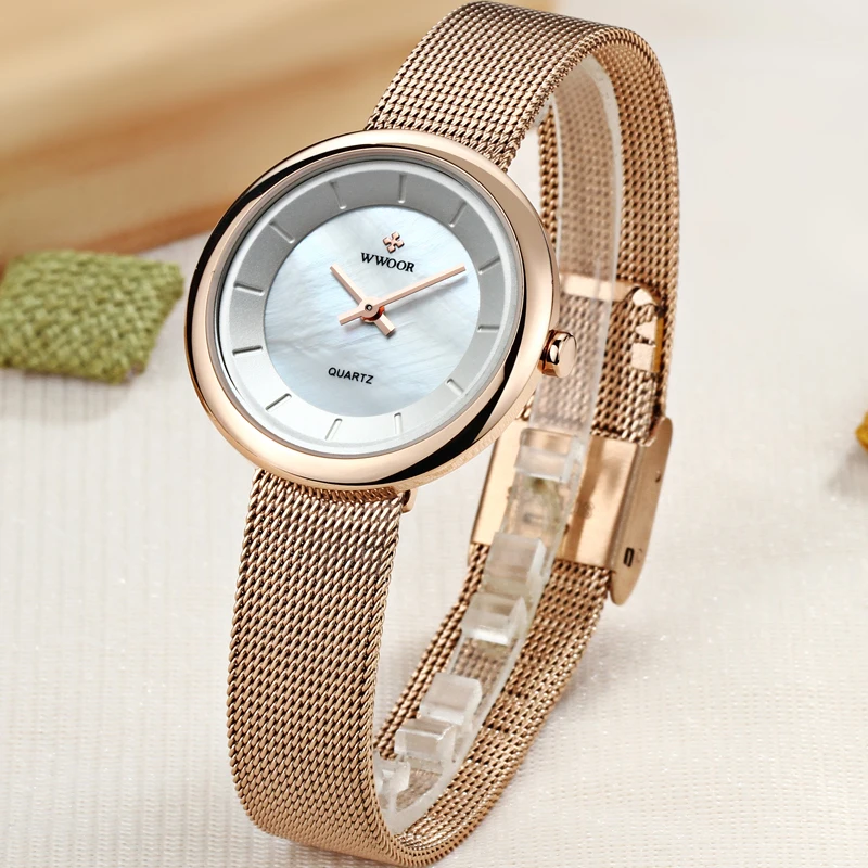 Женские кварцевые часы WWOOR элегантные Брендовые Часы цвета розового золота