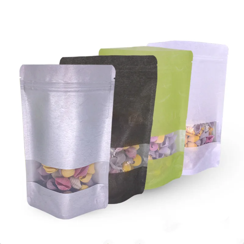 

Wholesale 50pcs Stand up Cotton Paper Window Bag Doypack Gift Wedding Packaging Bag Clear Window Cotton Paper PE Inlay Zip Bags