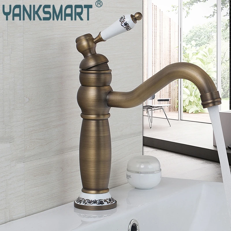 

YANKSMART Bathroom Luxury Antique Brass Swivel 360 With Hot&Cold Hose Deck Mounted 97152 Single Handle Sink Faucets Mixers Taps