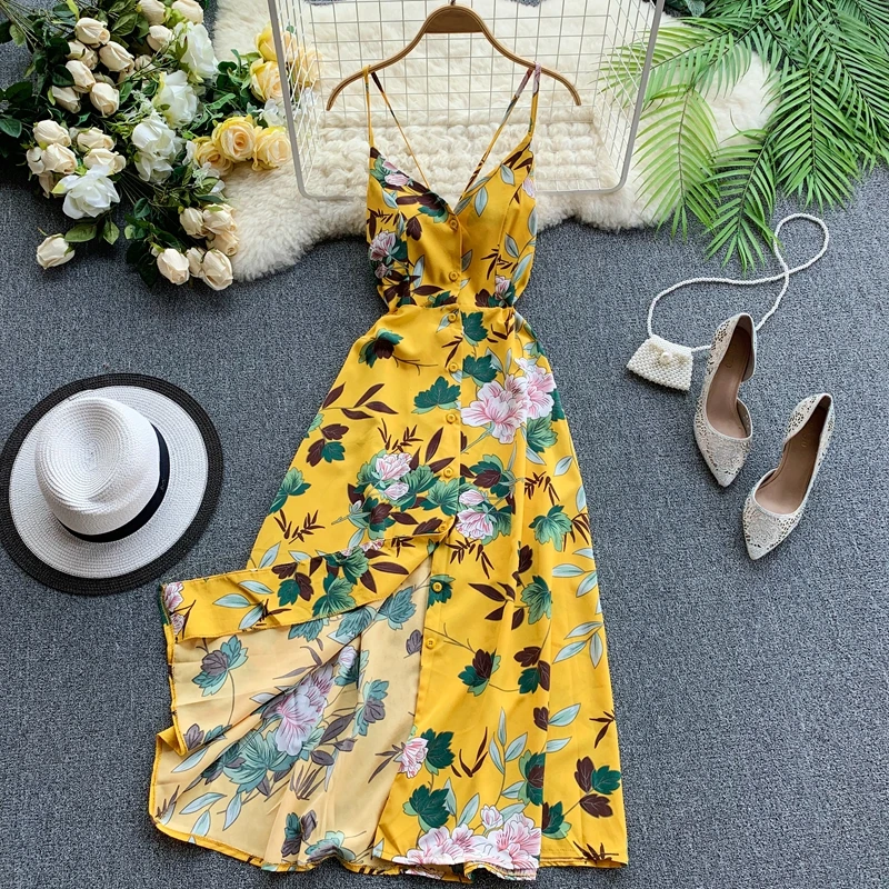 ALPHALMODA, Пляжное Платье для отдыха, v-образный вырез, крест-накрест, высокая талия, шифон, цветочный принт, женское летнее платье до середины икры