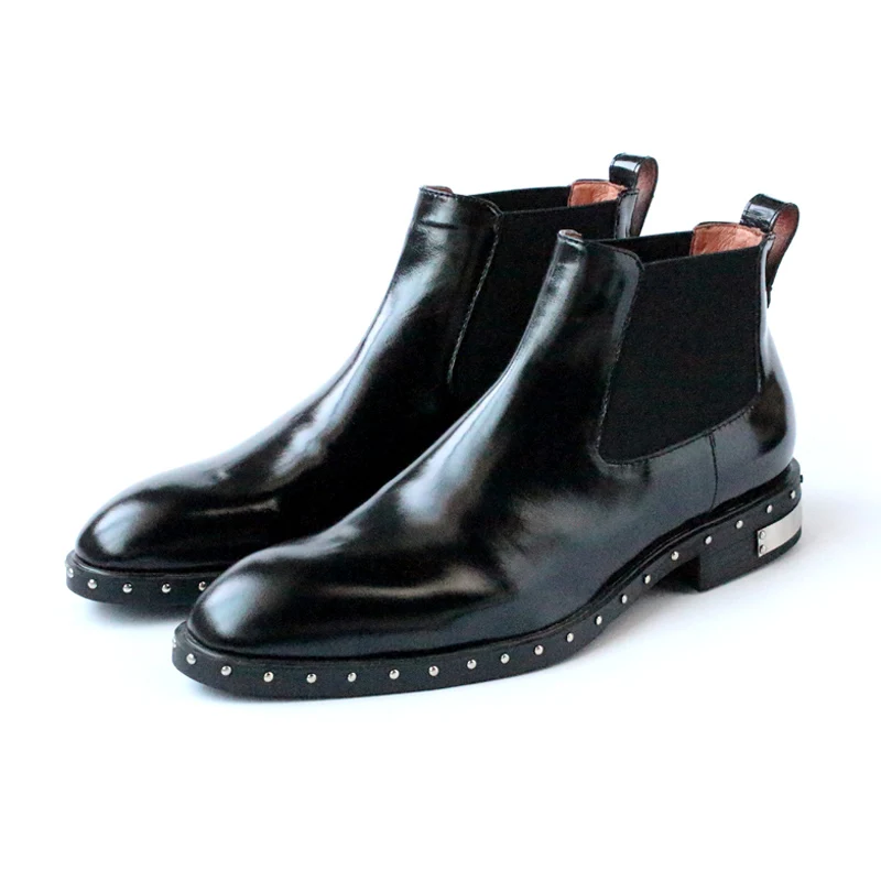 

2017 Handmade rivets Light skinned ankle boots pointed toe Chelsea short boots fashion black slip on booties free shipping EU45