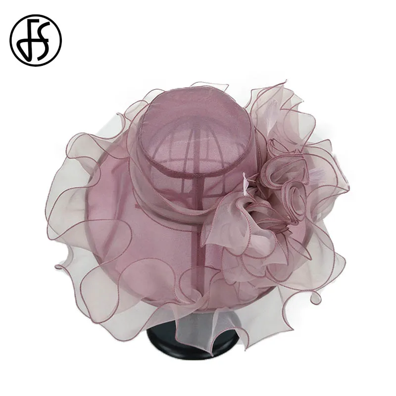 Женская винтажная пляжная шляпа FS розовая от солнца из органзы с широкими полями