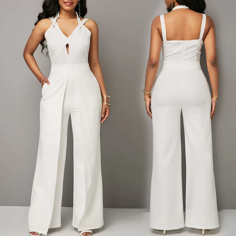 MUXU белый комбинезон combinaison pantalon femme elegante v образным вырезом широкие брюки с