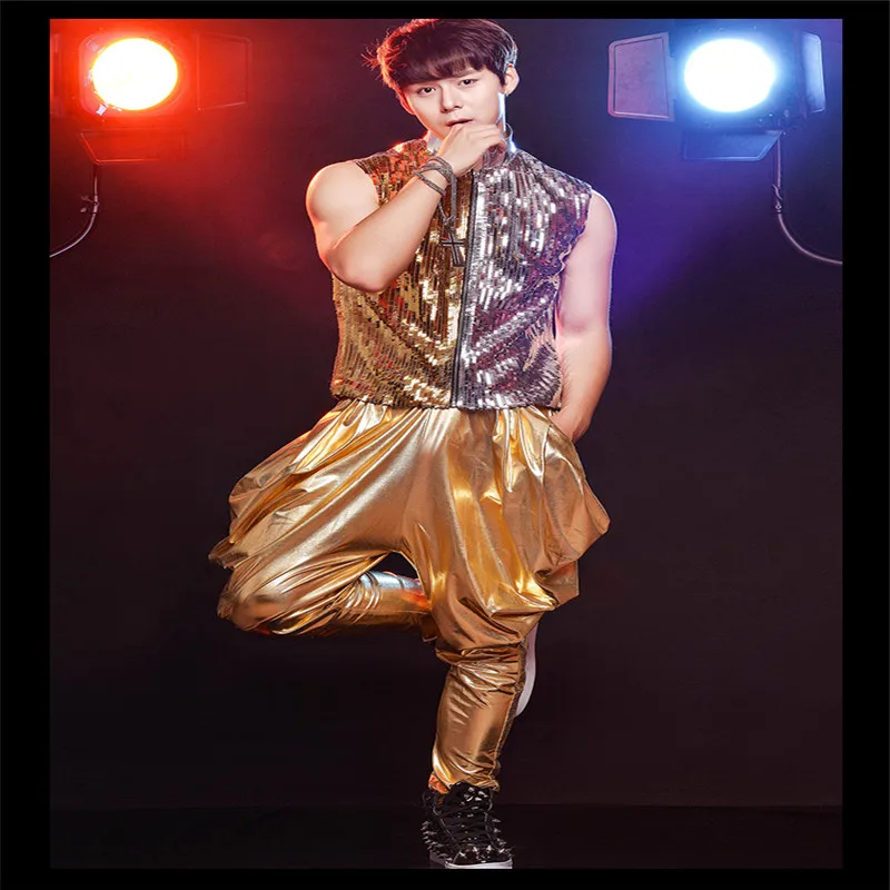 R71 Gold silver splice sequin men wears outfits dj vest dress ballroom dance costumes singer Hip hop pants host male bodysuit | Дом и сад