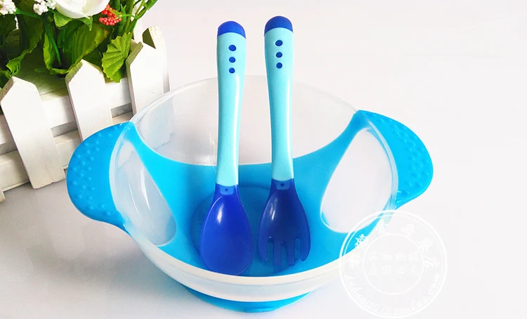 Blue 01 Dishes Набор из 3 предметов, детская ложка, миска для обучения, миска для еды, ложка с датчиком температуры, детская посуда, детское питание, миски для кормления - Цвет: Blue 01 Dishes