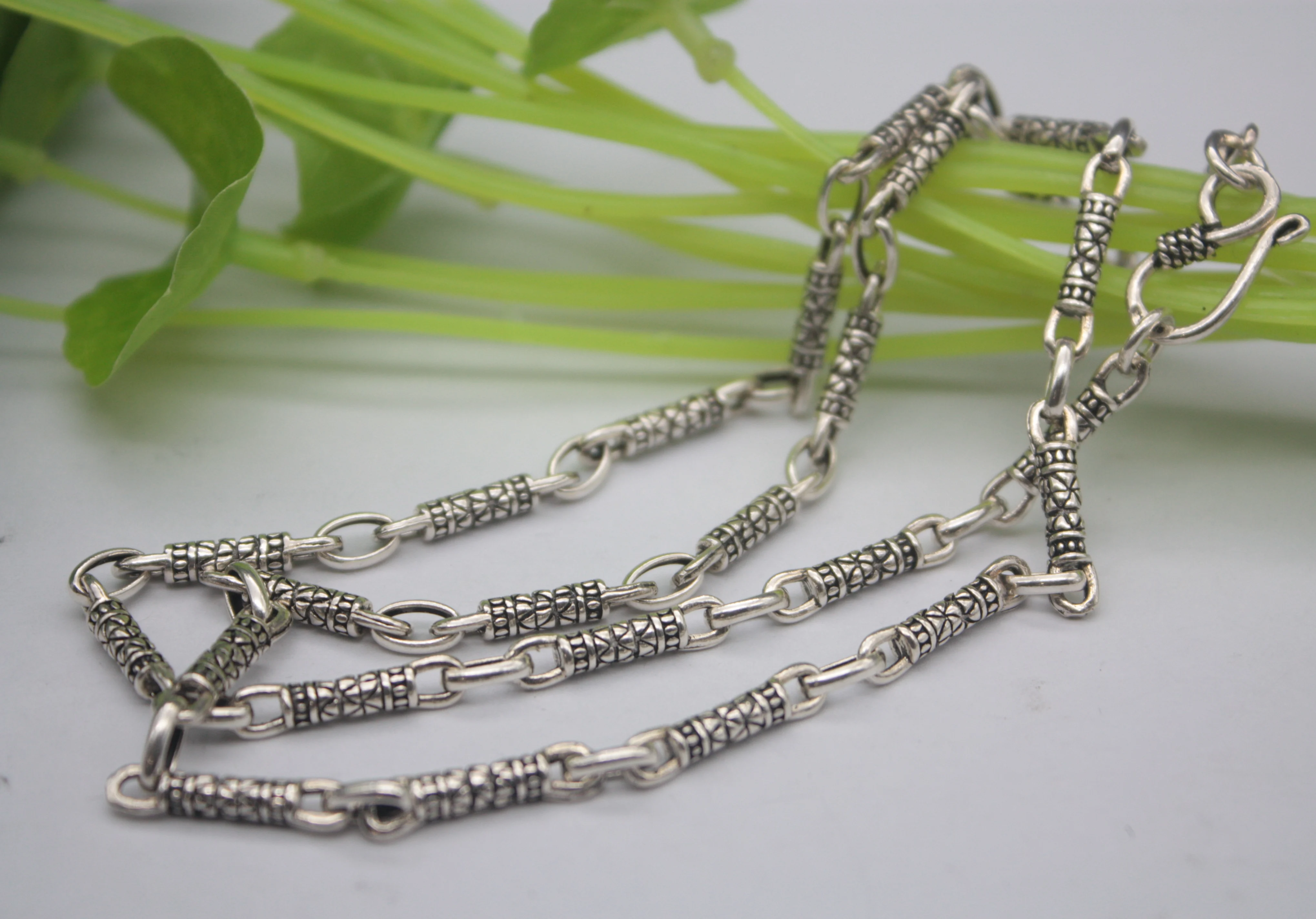 

Retro Pure S925 Silver Fit Men Necklace Small Flower Pattern Long Bead 5mm Link Chain Thick 21.6"L