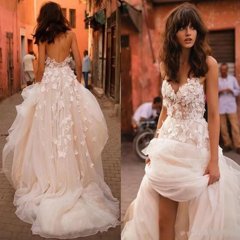 Халат De mariée женское платье спинки Boho Vestido De Noiva Casamento с открытыми плечами Тюль Длинные Вечерние платья аппликации