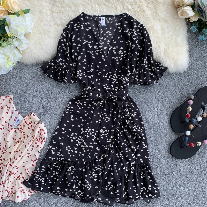 2019 Новое модное женское платье Лето морской курорт Вишневый шифон принт v