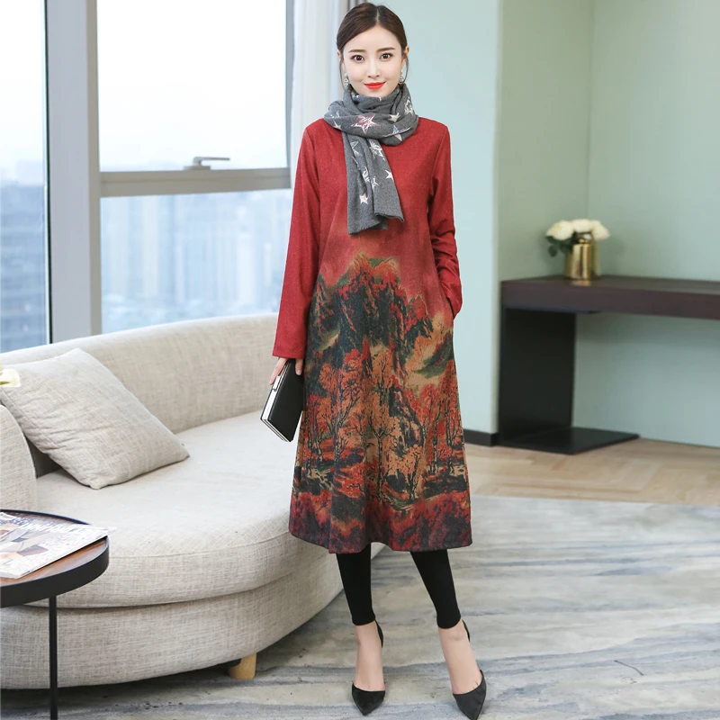 Fashion 2019 New Autumn Women Dresses Casual Loose Cotton Dress Winter Thick Long Sleeve O-Neck Print Floral Vintage | Женская одежда