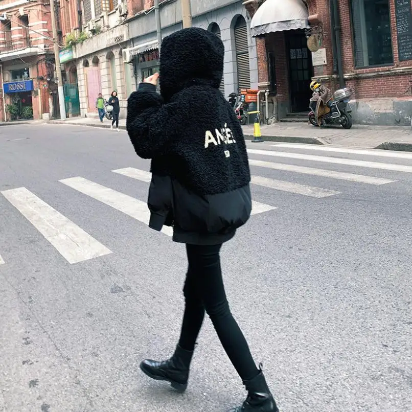 Winter Fashion Lamb Hair Splicing Cotton Coat Hooded Thicken Warm Jacket Back Letter Pattern Casual Slim Sustans Outerwear L1775 | Верхняя
