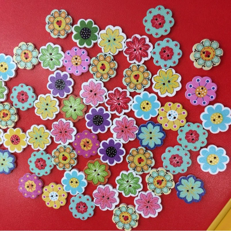 50 шт. DIY 2 отверстия цветастый торговля пуговицы из натурального дерева для смешанных цветов; с волнистым краем; Скрап швейная фурнитура 20x19 мм
