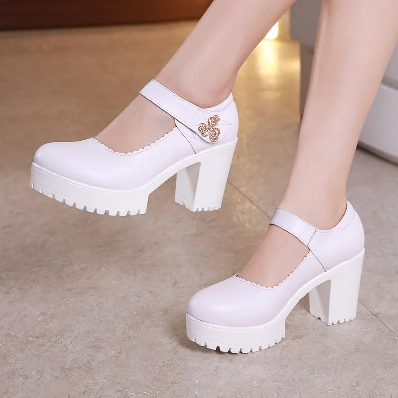 8cm heel white Туфли-лодочки на платформе с квадратным каблуком; цвет белый, черный, красный, серебристый; женская свадебная обувь; коллекция года; стразы; квадратный каблук; офисные туфли; женская обувь - Цвет: 8cm heel white