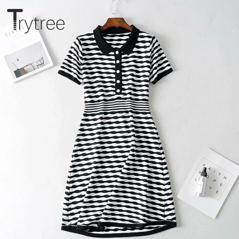 Trytree Summer Women Dress Casual Turn-down Collar Striped Shirt Dresses Elastic Knitting Office Lady A-line Knee-Length | Женская